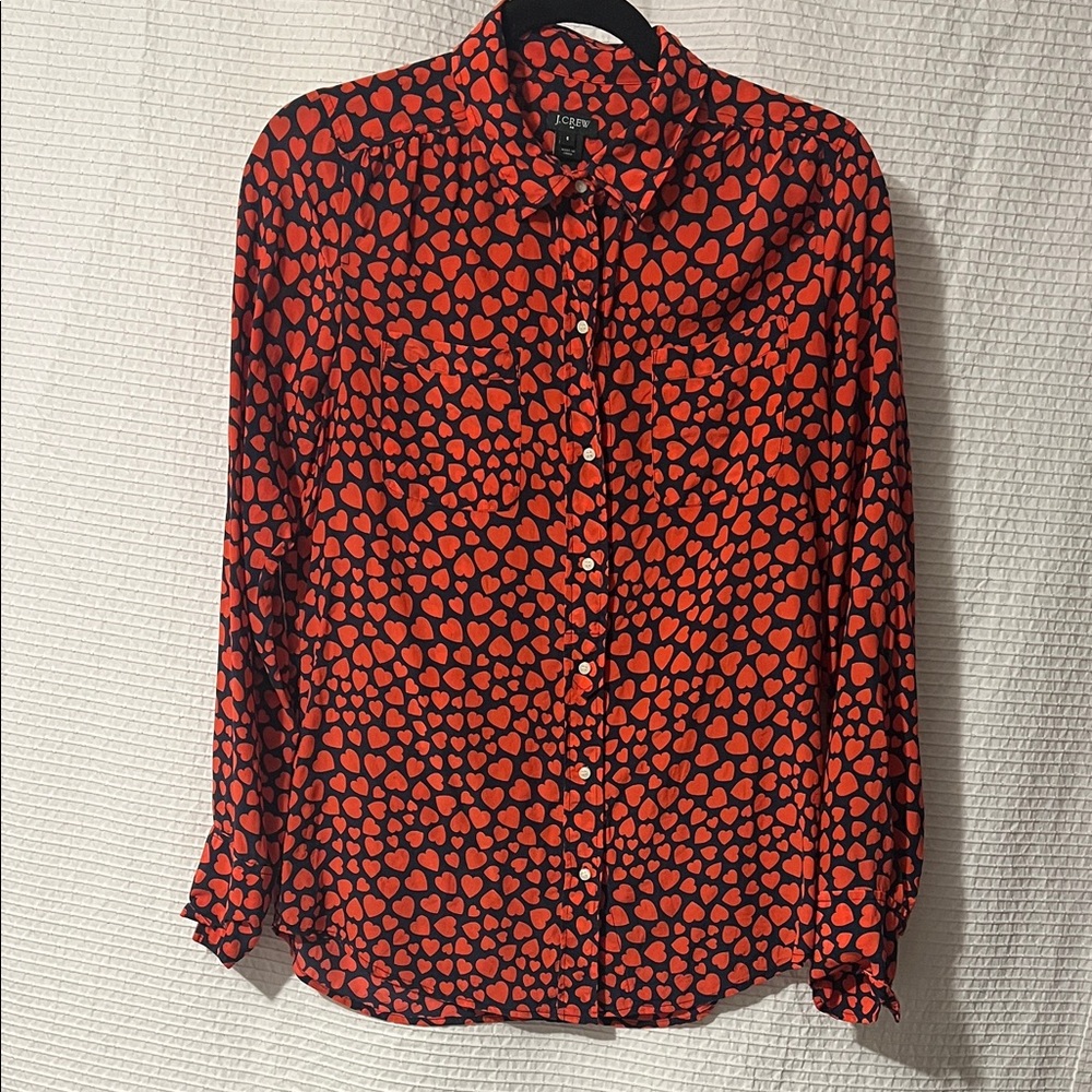 J. Crew Women's Orange and Blue Heart Print Button Down Shirt